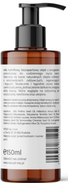NaturalMe olejek do mycia twarzy, brązowa butelka z pompką, tył opakowania z etykietą i składem.