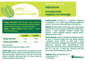 Ulotka suplementu Aflofarm Melisa i Szyszki Chmielu, wspierającego odprężenie i zdrowy sen. Zielono-biała.