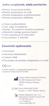 Biała ulotka instrukcji termometru bezdotykowego z opisem funkcji pomiaru temp. ciała, pomieszczeń i obiektów.