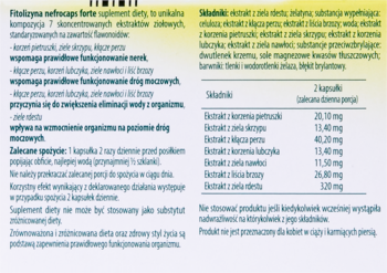 Tył opakowania Fitolizyna Nefrocaps Forte suplementu diety, z opisem składników i ich dawkowania.
