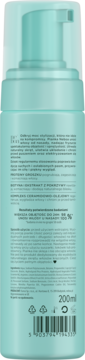 Tył jasnoniebieskiej butelki Neboa Styling Extra Volume pianki do włosów, z etykietą, kodem kreskowym i 200ml.