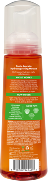 Cantu Avocado Hydrating Styling Mousse, tył pomarańczowej butelki z zielonymi etykietami opisującymi skład i użycie.