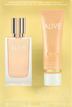 Hugo Boss Alive zestaw: perfumy 30ml i balsam 50ml w brzoskwiniowych opakowaniach, na żółtym tle, widok z przodu.