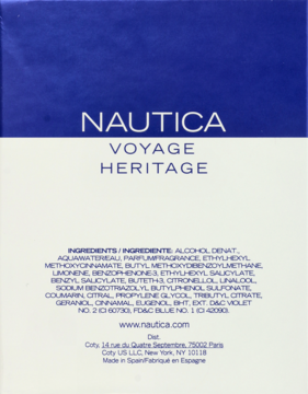 Tył opakowania zapachu Nautica Voyage Heritage, niebiesko-biała etykieta ze składem i danymi kontaktowymi.