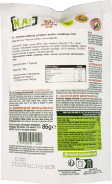 Tył opakowania bezglutenowych krakersów ryżowych NA.! o smaku słodkiego chili, z etykietą składników.