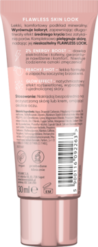 Tył brzoskwiniowej tubki podkładu FLAWLESS SKIN LOOK 30ml, opis i kod kreskowy, przebadane klinicznie.