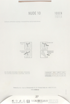 Tył beżowego opakowania rajstop Marilyn Nude 10 DEN, ukazujący diagramy cech produktu i skład materiału.