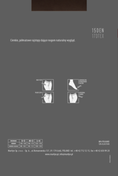 Szare opakowanie rajstop Marilyn 15 DEN z diagramami: płaski szew, bawełniany klin, niewidoczne palce.