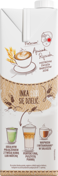 Biały karton Inka Lubi Się Dzielić, owsiany napój do kawy. Polecany baristy, idealny do latte art, matchy, z witaminami.