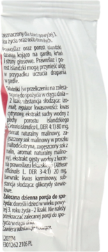Tył białego opakowania lizaków na gardło z prawoslazem, szczegółowy opis składników i dawkowania.