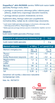 Tył opakowania Doppelherz aktiv Błonnik, białe tło, z tabelą wartości odżywczych i listą składników.