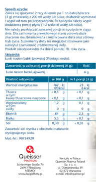 Tył opakowania Doppelherz Błonnik z babki jajowatej, widoczne szczegółowe wartości odżywcze i sposób użycia.