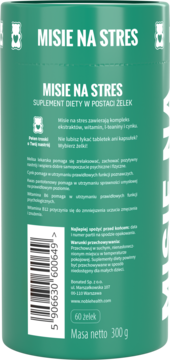 Zielone, cylindryczne opakowanie Misie na Stres, żelki suplement diety. Widok z boku z etykietą i kodem kreskowym.