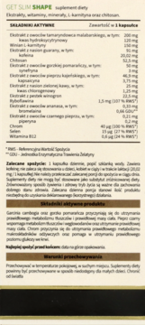 Etykieta GET SLIM SHAPE suplement diety, beżowa, z listą składników aktywnych i zaleceniami stosowania.