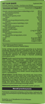 GET SLIM SHAPE suplement diety. Tył opakowania z listą składników aktywnych w białej ramce na zielonym tle.