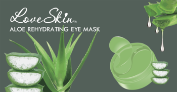 Love Skin Aloe Rehydrating Eye Mask, liście aloesu i zielone hydrożelowe płatki pod oczy na ciemnozielonym tle.
