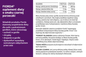 Fiorda suplement diety czarna porzeczka z porostem islandzkim, fioletowe opakowanie, widok przodu i składu.
