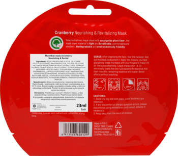 Tył czerwonej maski Mond'Sub Cranberry 23ml z tekstem, instrukcjami i logo, włókna eukaliptusa.