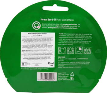 Tył zielonego, okrągłego opakowania maski w płachcie Mond'Sub z olejem konopnym. Widoczne skład i instrukcje.