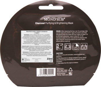 Mond'Sub Charcoal Purifying & Brightening Mask, tył czarnej, owalnej saszetki z informacjami o produkcie.