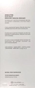 Białe opakowanie Collistar Acqua Attiva Eau de Toilette, widok z tyłu z opisem energizującego zapachu cytrusowo-zielonego.