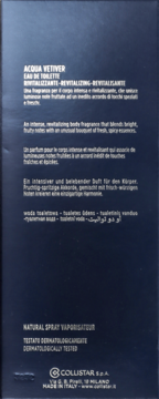 Tył ciemnoniebieskiego opakowania Acqua Vetiver Eau de Toilette z opisem intensywnego, rewitalizującego zapachu.