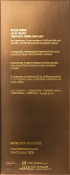 Tył brązowego opakowania Acqua Wood Eau de Toilette Collistar, opis zapachu, efektu tonizującego.