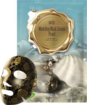 Opakowanie maski no:hj Modeling Mask Serum Pearl z pereł, widok z przodu, częściowo odsłaniające czarną maskę ze złotym wzorem.