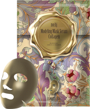 Koreańska maska no:hj Modeling Mask Serum Collagen w złotym opakowaniu z wzorami, obok złota maska w płachcie.