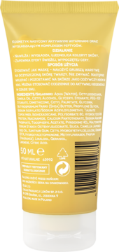 Tył złotej tubki kremu do twarzy Ziaja Naturalnie 50 ml, z czytelną listą składników i instrukcją uŽĺcia.
