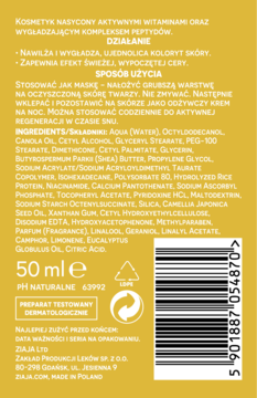 Tył żółto-złotego opakowania Ziaja, nocny krem-maska z witaminami, 50ml, widoczny skład i opis działania.