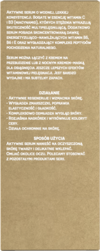 Tył beżowego opakowania serum Ziaja Naturalnie Nawilżamy z witaminą C i B3, widoczny szczegółowy opis działania.