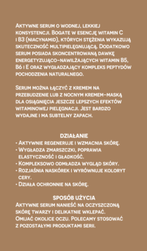 Opis właściwości aktywnego serum do twarzy Ziaja Naturalnie Nawilżamy z witaminą C i B3 na brązowym tle.