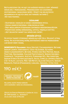 Tył opakowania żelu do mycia Ziaja Naturalnie Nawilżamy 190ml, z witaminami C i B3, widoczny kod kreskowy.