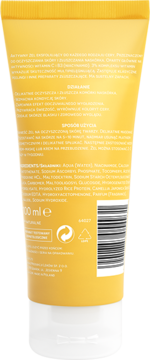 Żółty peeling w żelu do twarzy z wit. C i niacynamidem, widok z tyłu tubki z listą składników i 200ml.