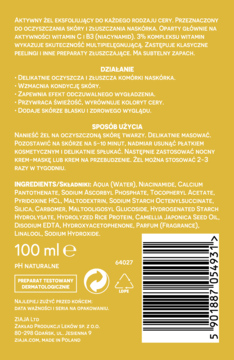 Tył żółtego opakowania peelingu w żelu z witaminą C i niacynamidem; widoczny kod kreskowy i skład.