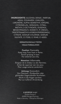 Tył opakowania perfum Bugatti Dynamic Move Black: lista składników, testy dermatologiczne, wegańska formuła i ostrzeżenia.