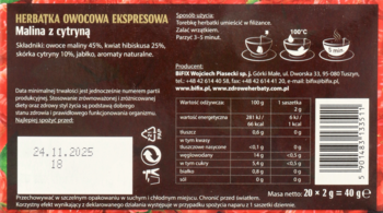 Tył opakowania herbatki owocowej Malina z cytryną, widoczna tabela wartości odżywczych, składniki, data ważności.