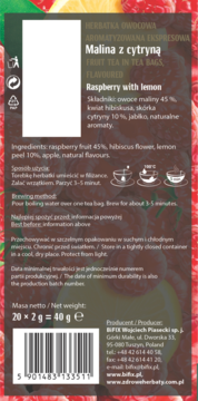 Tył opakowania herbaty owocowej Malina z cytryną. Widoczne składniki, sposób parzenia, kod kreskowy i dane producenta.