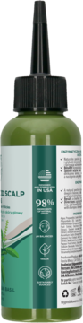 Tylna etykieta zielonej butelki Peeling Petal Fresh Pure do Skóry Głowy z ostropestem i bazylią. Vegan.