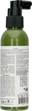 Tył zielonej butelki wzmacniającej wcierki Petal Fresh Pure z quinoa i czarnuszką, z czarną pompką.