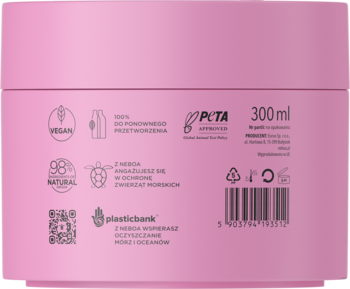 Tył różowej maski do włosów Neboa Repair & Shine z certyfikatami Vegan, 98% Natural i Plastic Bank.
