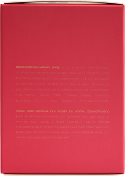 Bok opakowania wody perfumowanej Secret Sense Joanny Krupy. Czerwone pudełko z białym tekstem i składnikami.