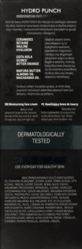 Tył opakowania męskiego kremu HYDRO PUNCH. Widoczny opis, składniki i informacja: DERMATOLOGICALLY TESTED.
