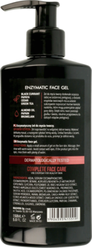 Tył czarnej butelki Enzymatic Face Gel Masveri 150ml z pompką, widoczne opisy i lista składników.