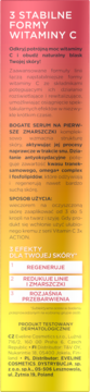 Tył żółto-pomarańczowego opakowania serum Vitamin C z 3 stabilnymi formami i listą efektów.