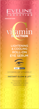 Eveline Vitamin C 3x Action Lightening & Cooling Roll-On Eye Serum box, gradient pink to yellow.