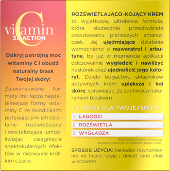 Grafika Eveline Vitamin C 3x Action rozświetlająco-kojący krem, opisująca efekty: łagodzi, rozświetla, wygładza.