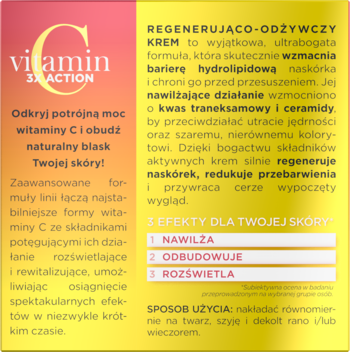 Regenerujący krem z witaminą C 3xAction na żółtym tle, widok frontowy. Nawilża, odbudowuje, rozświetla.