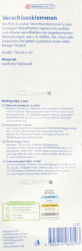 Tył opakowania metalowych klipsów do zamykania, 2 szt., ze stali nierdzewnej, z kodem kreskowym i opisem produktu.